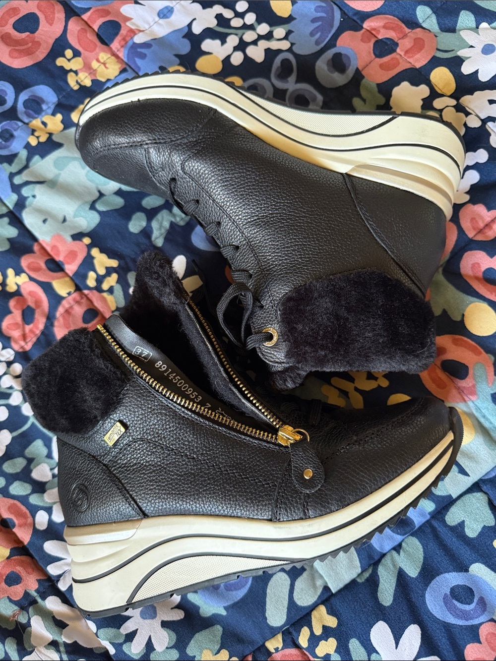 Remonte TEX Black Wedge Ankle Boots with Fur Trim size 7 (37EU)